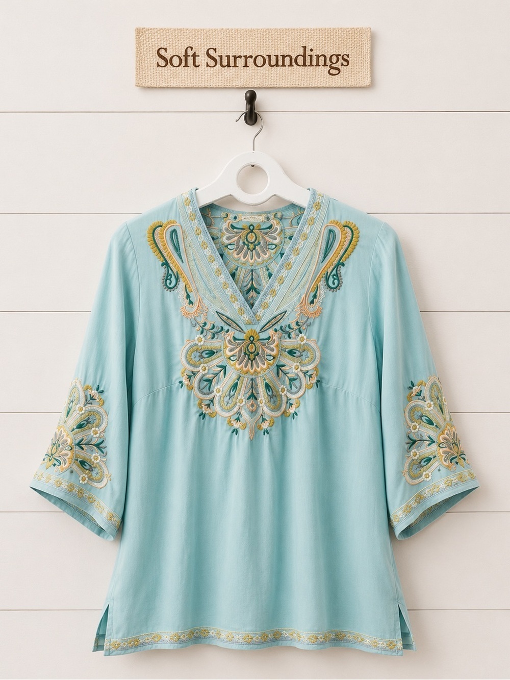 SOFT SURROUNDINGS EMBROIDERED BOHO BLOUSE TURQUOISE SIZE PM